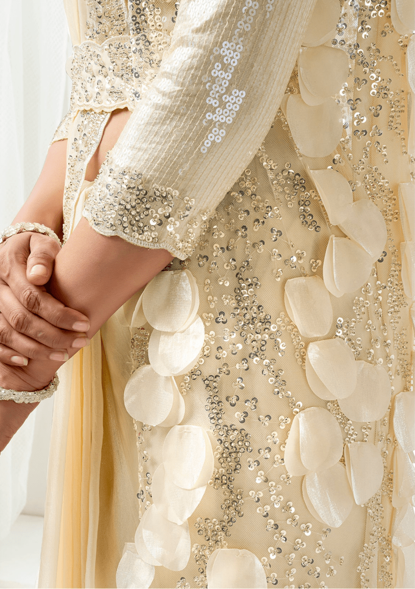 Nayoora Royale Champagne Ivory Satin Silk Ready to Wear Saree Set - Nayoora