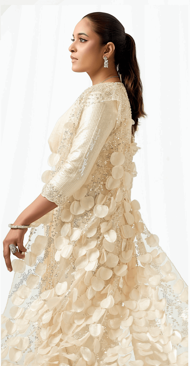 Nayoora Royale Champagne Ivory Satin Silk Ready to Wear Saree Set - Nayoora