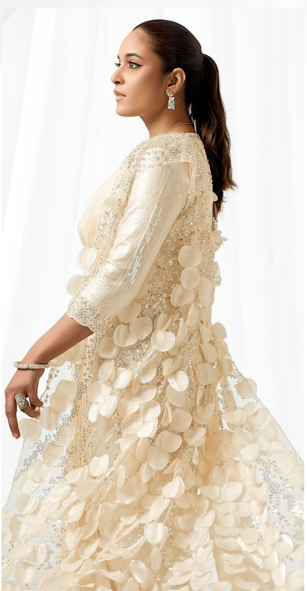 Nayoora Royale Champagne Ivory Satin Silk Ready to Wear Saree Set - Nayoora