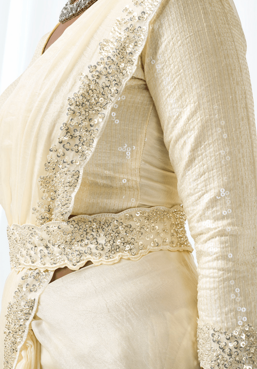 Nayoora Royale Champagne Ivory Satin Silk Ready to Wear Saree Set - Nayoora