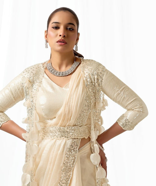Nayoora Royale Champagne Ivory Satin Silk Ready to Wear Saree Set - Nayoora