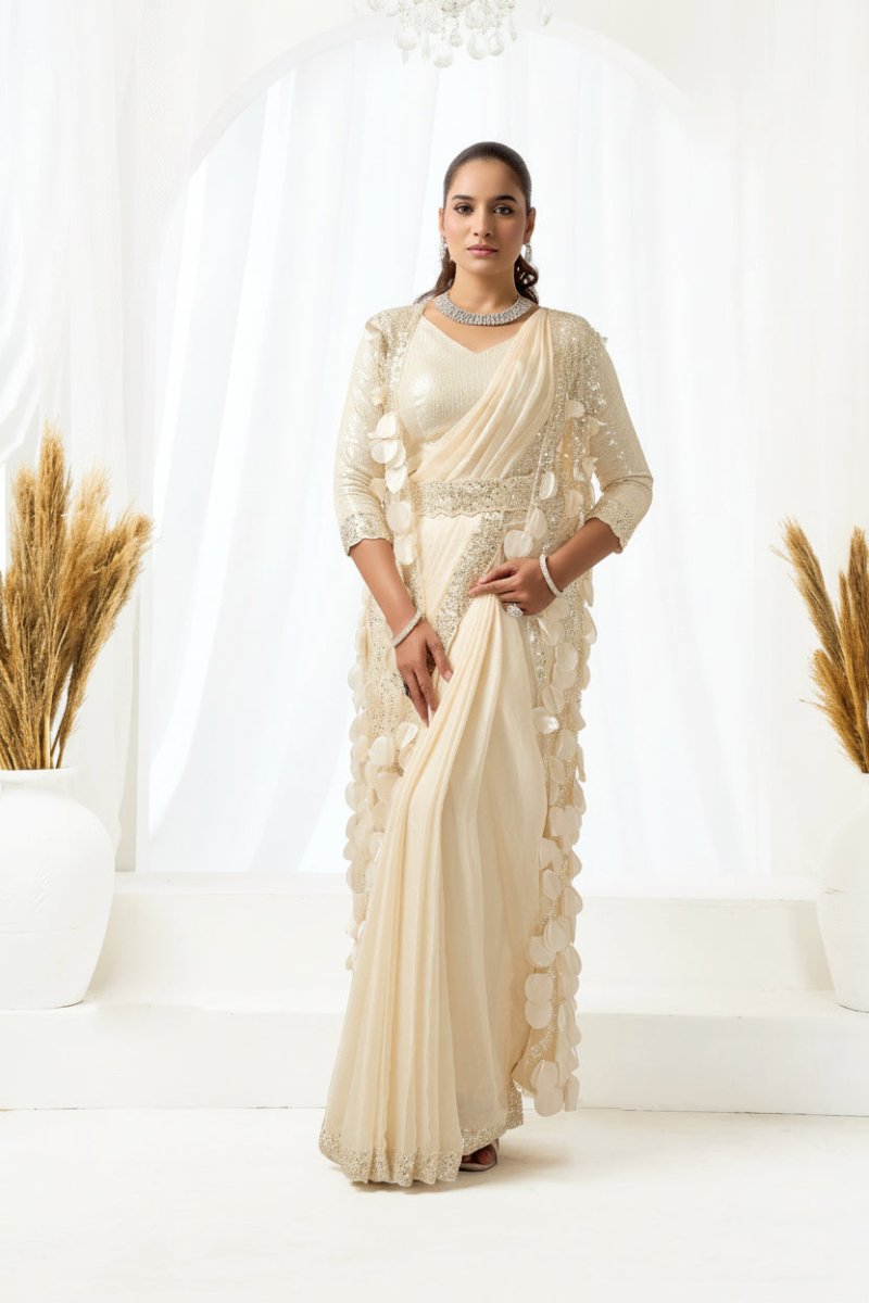 Nayoora Royale Champagne Ivory Satin Silk Ready to Wear Saree Set - Nayoora