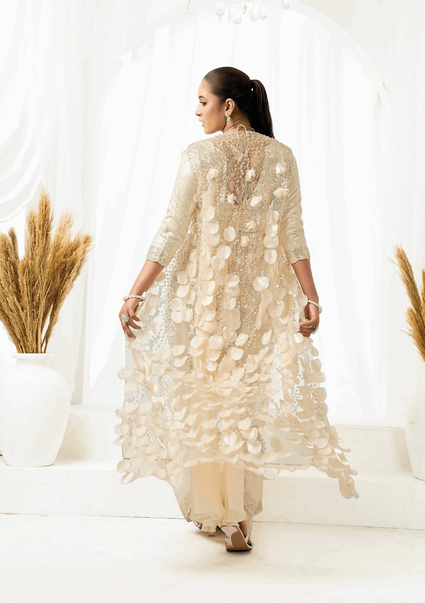 Nayoora Royale Champagne Ivory Satin Silk Ready to Wear Saree Set - Nayoora
