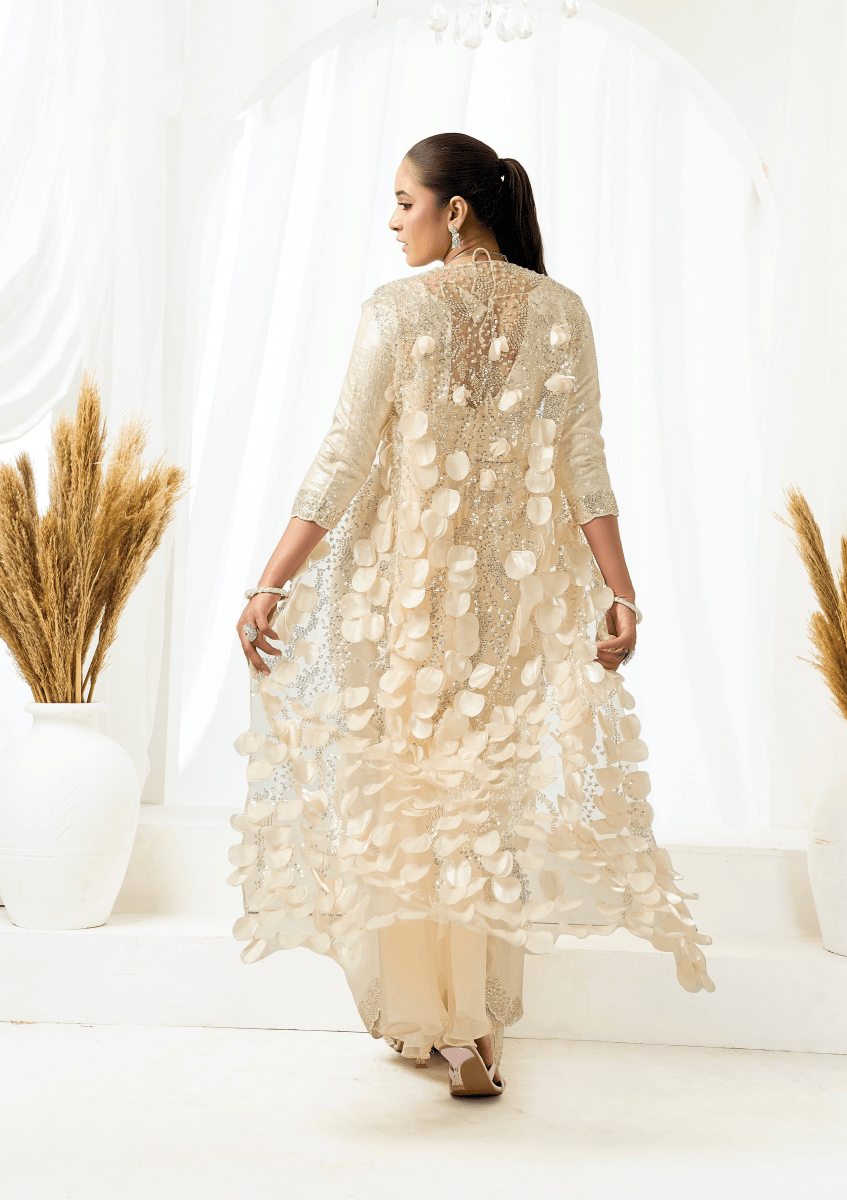 Nayoora Royale Champagne Ivory Satin Silk Ready to Wear Saree Set - Nayoora