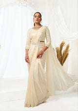 Ivory satin silk saree set, fitted sequin top with flowing draped saree