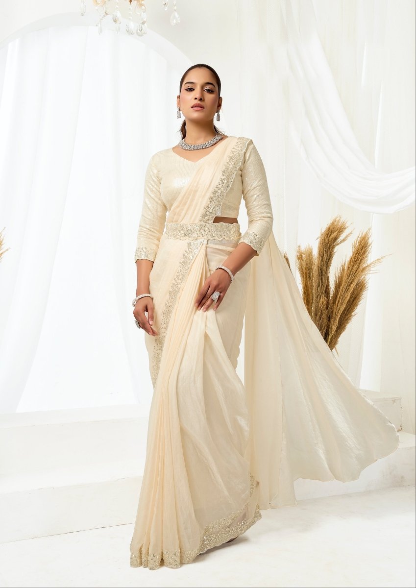 Nayoora Royale Champagne Ivory Satin Silk Ready to Wear Saree Set - Nayoora