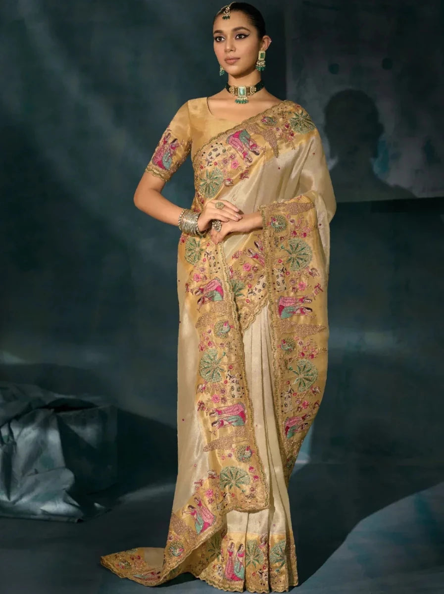 Golden cream Banarasi heritage saree with embroidered border and allover motifs, full view