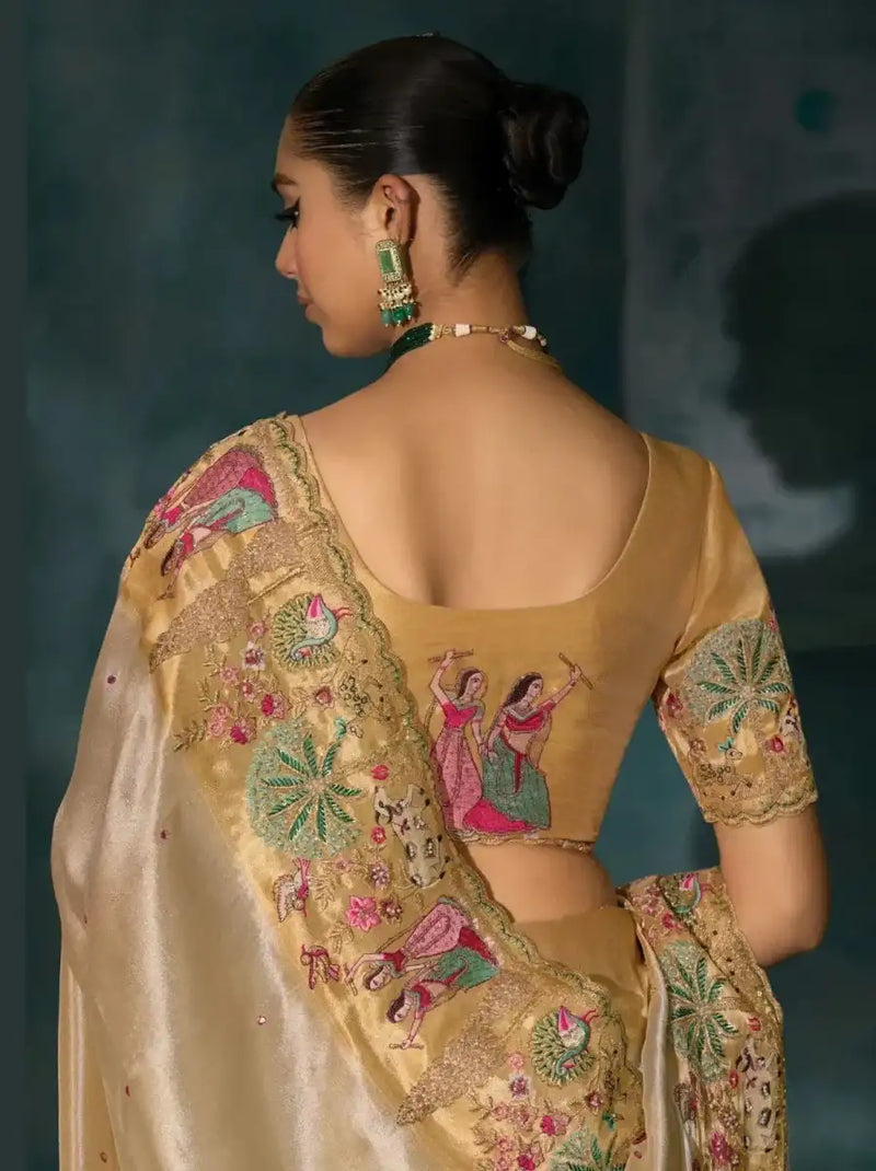 Back view golden cream Banarasi heritage saree with peacock and floral embroidered border