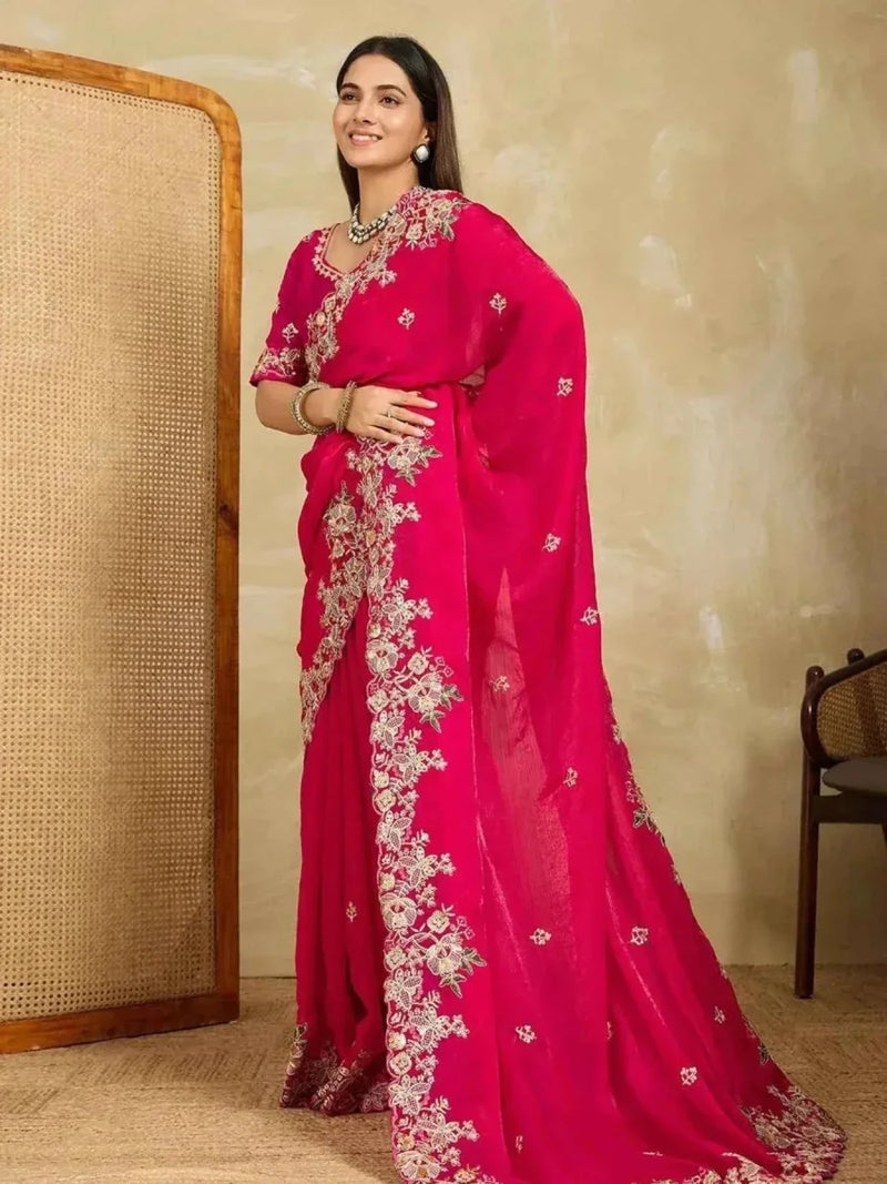 Pink chiffon saree with floral cutwork embroidery and draped pallu