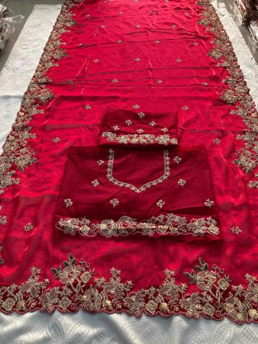 Nayoora Ruby Pink Chiffon Saree – Heavy Floral Cutwork Embroidery - Nayoora