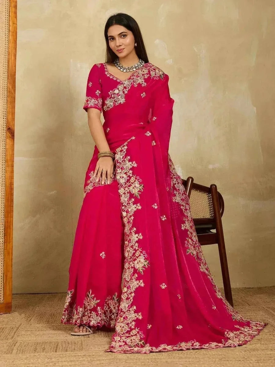 Nayoora Ruby Pink Chiffon Saree – Heavy Floral Cutwork Embroidery - Nayoora