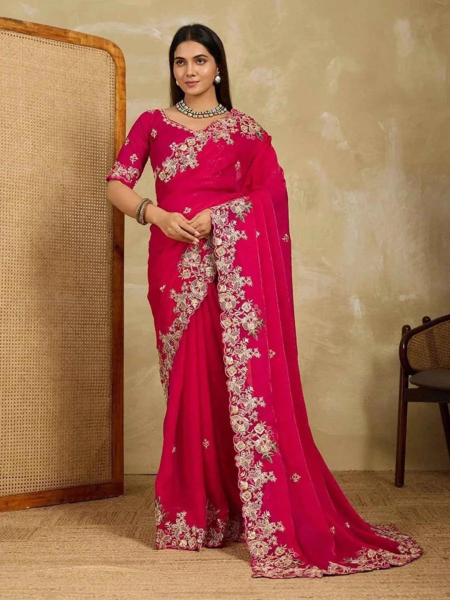 Nayoora Ruby Pink Chiffon Saree – Heavy Floral Cutwork Embroidery - Nayoora