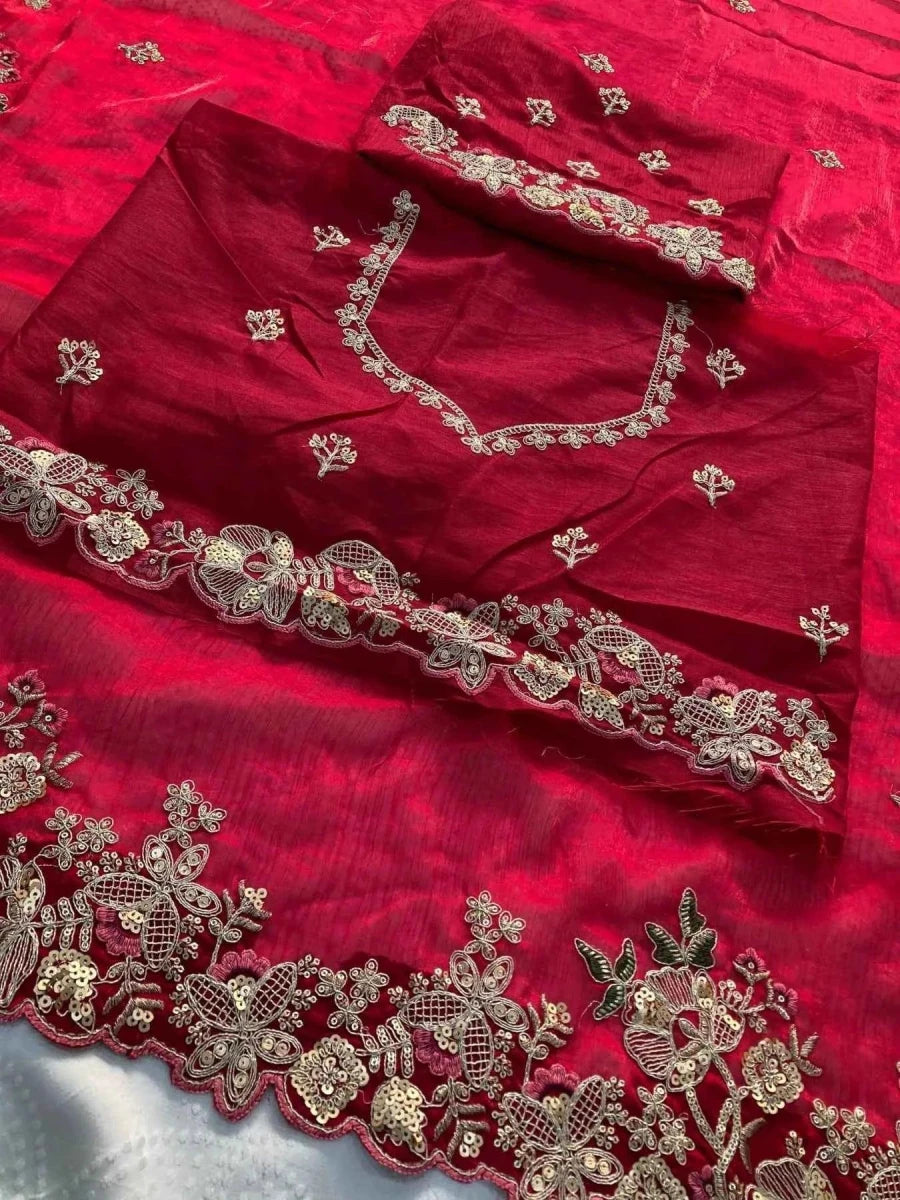 Nayoora Ruby Pink Chiffon Saree – Heavy Floral Cutwork Embroidery - Nayoora