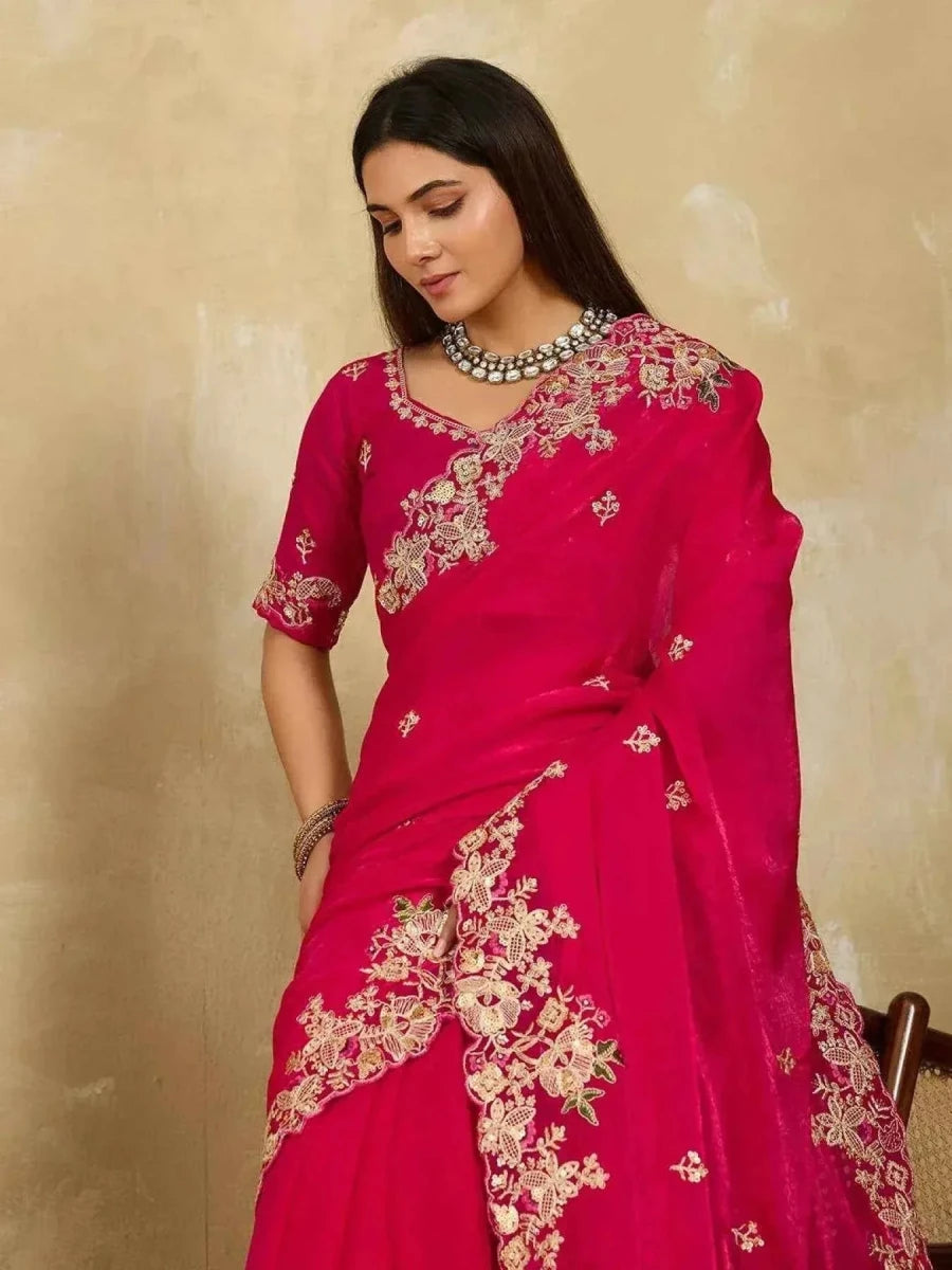 Nayoora Ruby Pink Chiffon Saree – Heavy Floral Cutwork Embroidery - Nayoora