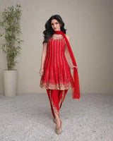 Red embroidered Anarkali kurta set with gold sequin hem and matching dupatta