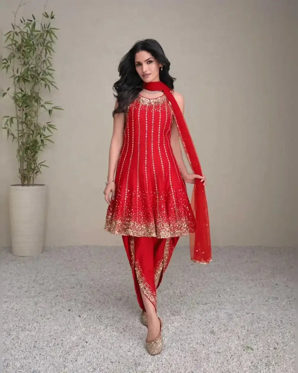 Red silk Anarkali dress with silver beadwork and draped sheer dupatta