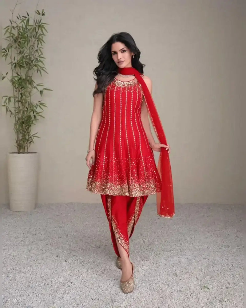 Red embroidered Anarkali kurta set with gold sequin hem and matching dupatta