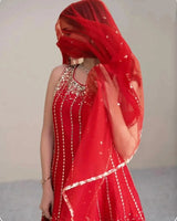 Red Anarkali dress back with silver beadwork and draped sheer dupatta
