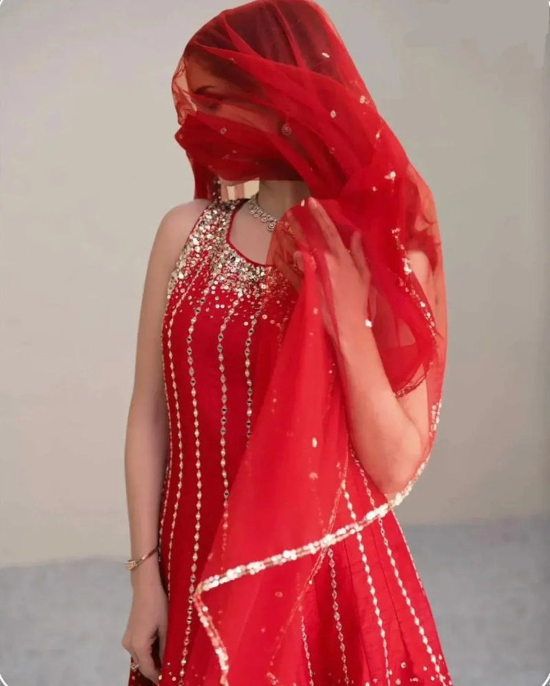 Red Anarkali dress back with silver beadwork and draped sheer dupatta