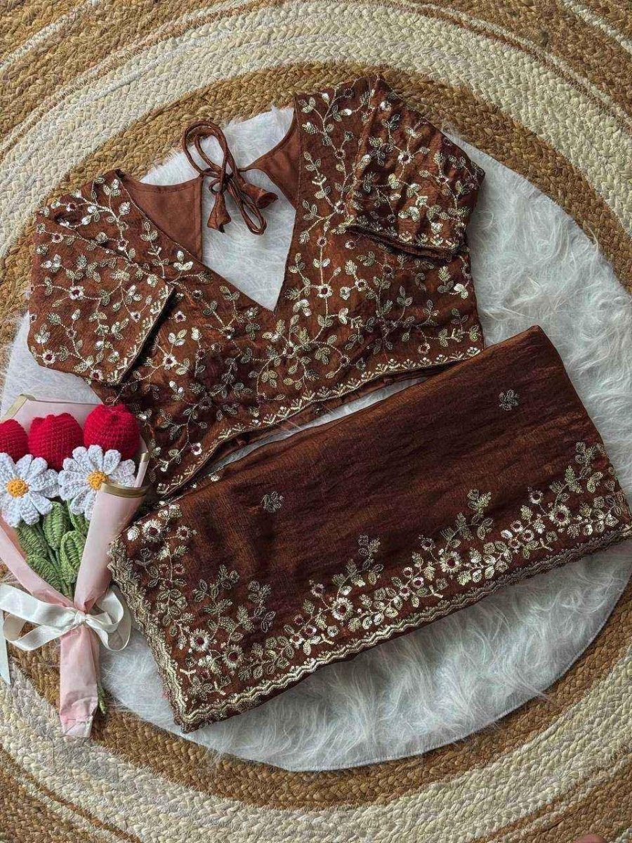 Nayoora Rust Brown Chiffon Saree – All - Over Sequin & Thread Work - Nayoora