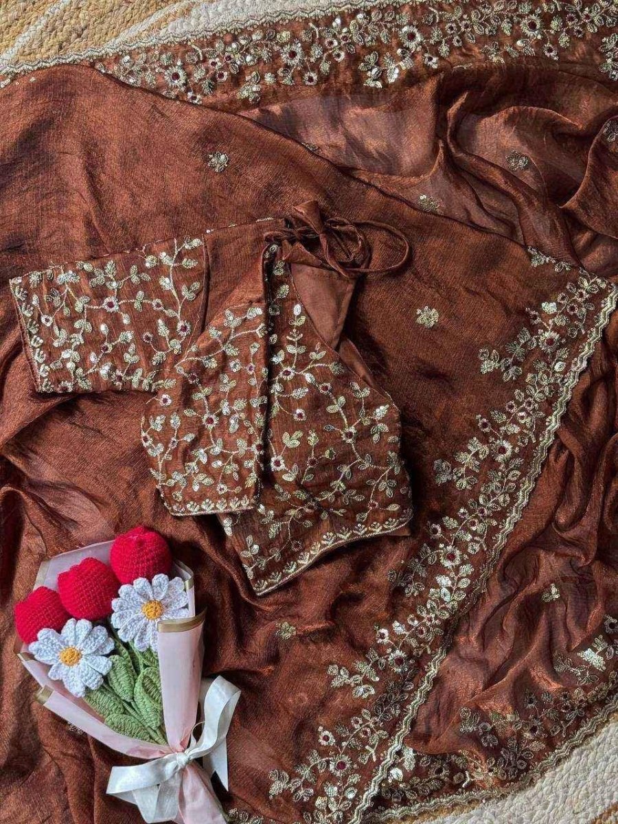 Nayoora Rust Brown Chiffon Saree – All - Over Sequin & Thread Work - Nayoora
