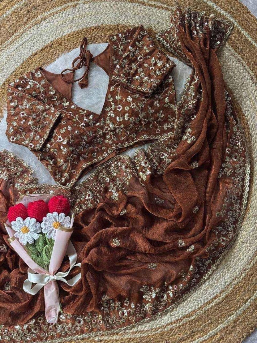 Nayoora Rust Brown Chiffon Saree – All - Over Sequin & Thread Work - Nayoora