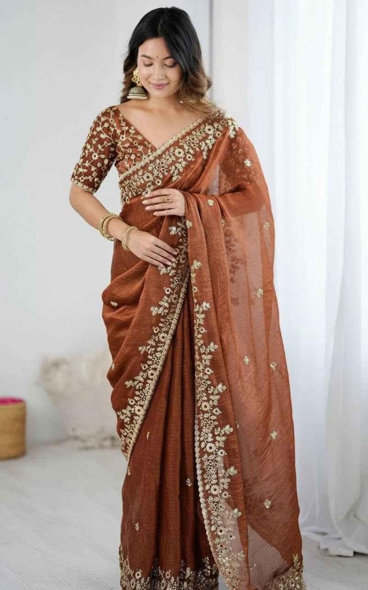 Nayoora Rust Brown Chiffon Saree – All - Over Sequin & Thread Work - Nayoora