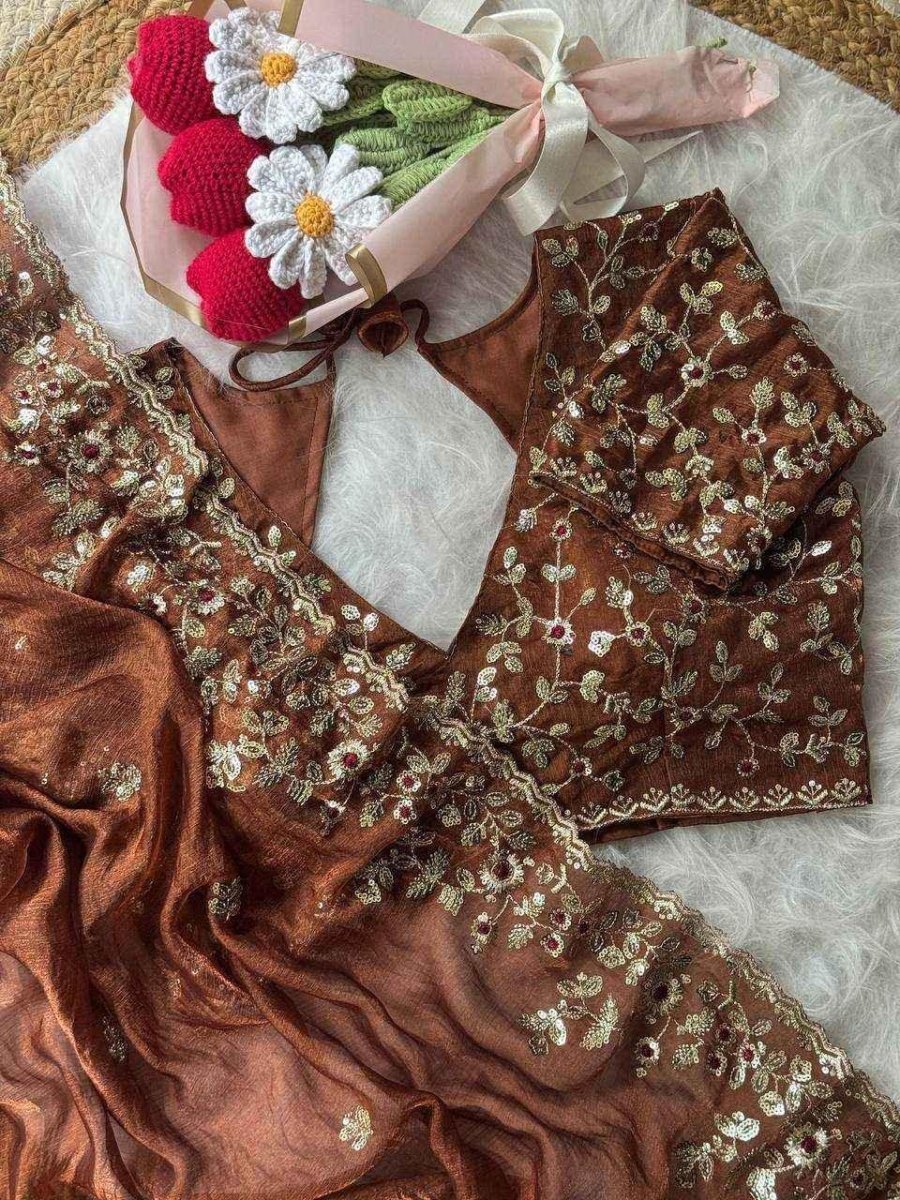 Nayoora Rust Brown Chiffon Saree – All - Over Sequin & Thread Work - Nayoora