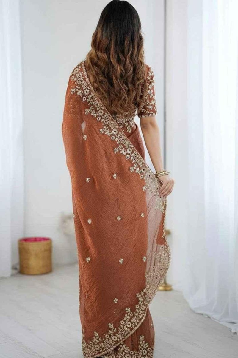 Nayoora Rust Brown Chiffon Saree – All - Over Sequin & Thread Work - Nayoora