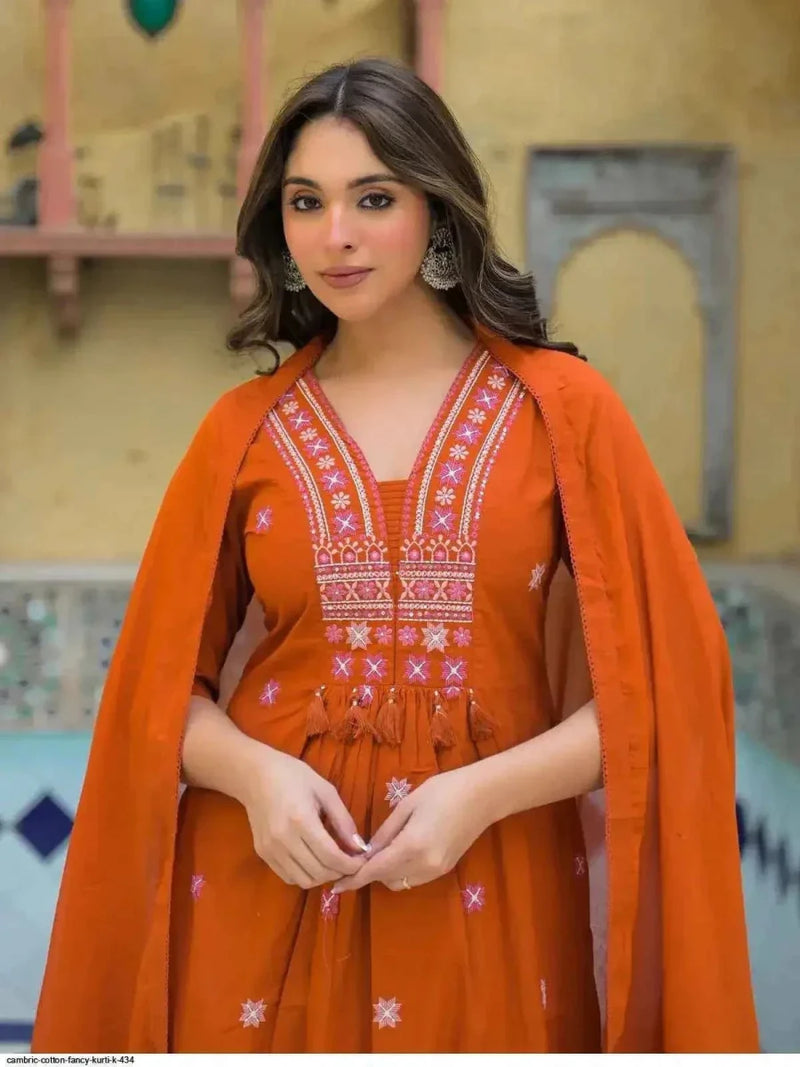 Women’s orange cotton kurta set with detailed neckline embroidery and gathered waist