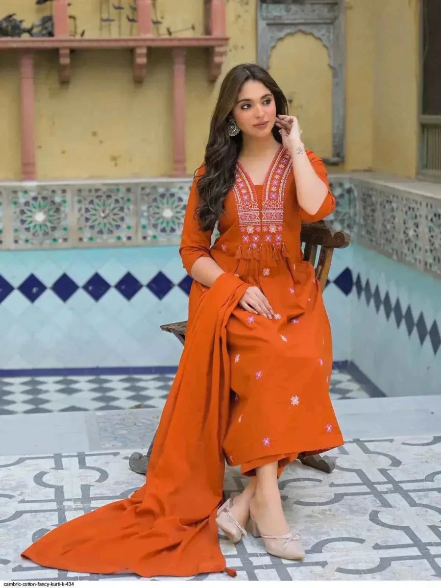 Nayoora Rust Orange Cotton Suit Set – Fine Resham Handwork & Tassels - Nayoora