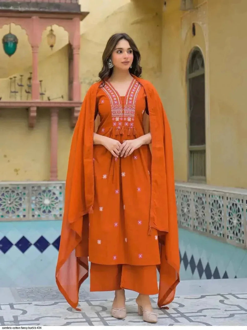 Women’s orange cotton suit set with embroidered yoke and matching dupatta
