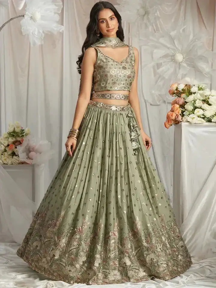 Sage green georgette sequin embellished lehenga with embroidered blouse and full skirt
