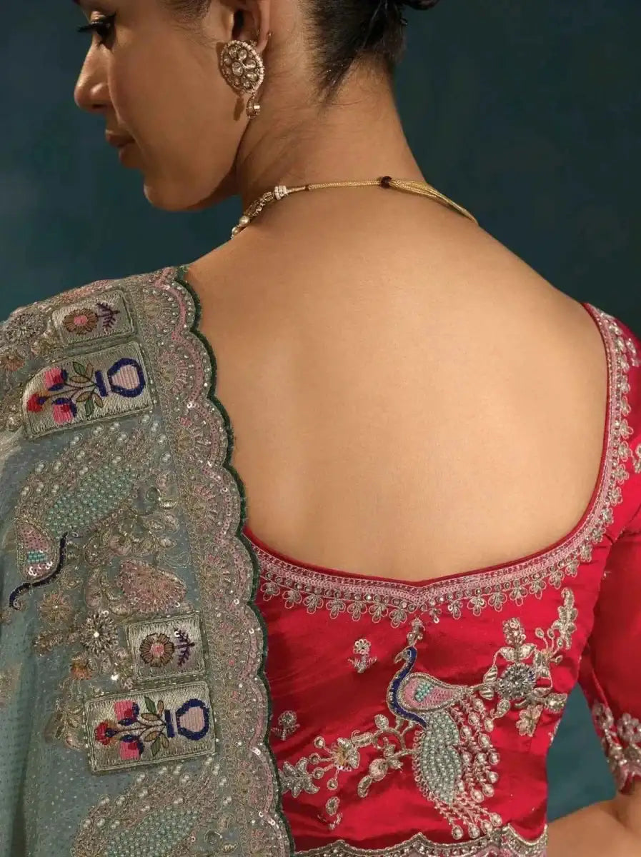 Sage green silk saree with embroidered pallu over backless red blouse