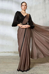Ready-to-wear ruffle saree, black sequin V-neck blouse with wide sleeves and taupe drape