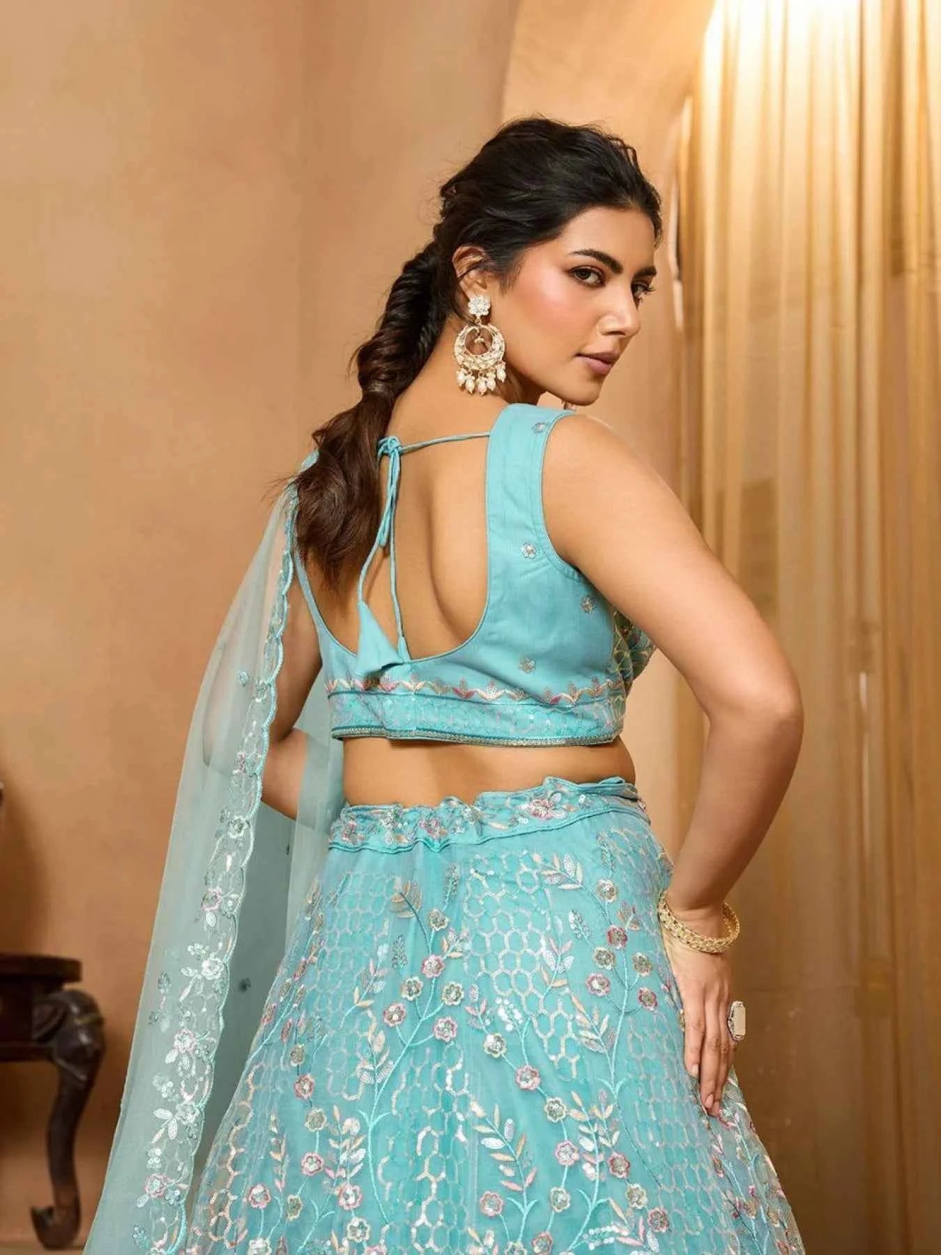 Nayoora Sea Green Net Lehenga – Multi - Color Floral Embroidery - Nayoora