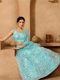 Sea green net lehenga with floral embroidery, sleeveless blouse, V-neck