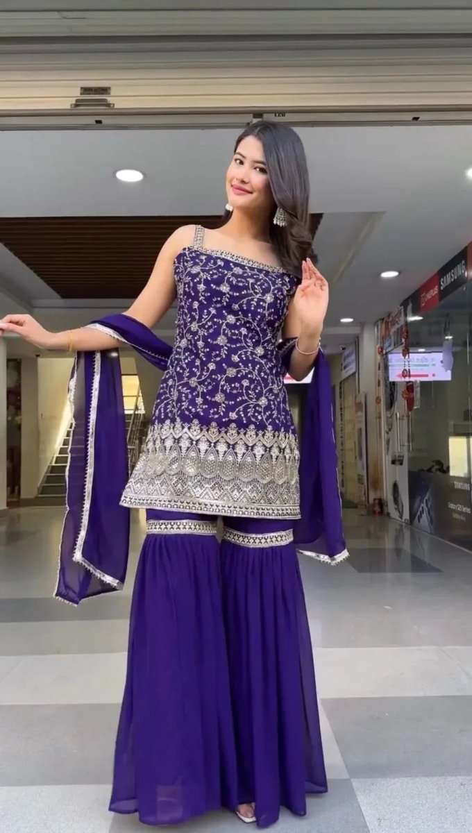 Royal purple sharara suit set with sequin embroidery, sleeveless kurta and matching dupatta