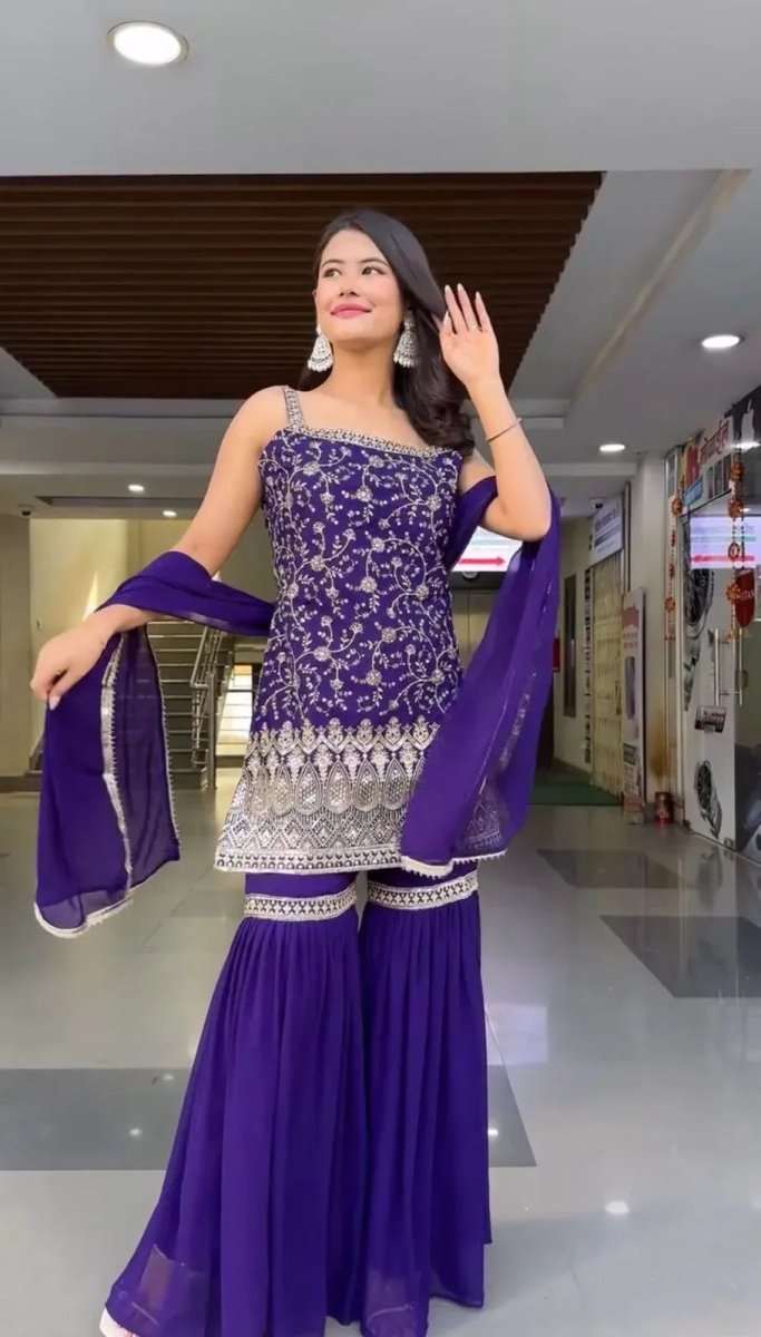 Royal purple sequin-embroidered sleeveless kurta with flared sharara pants and dupatta
