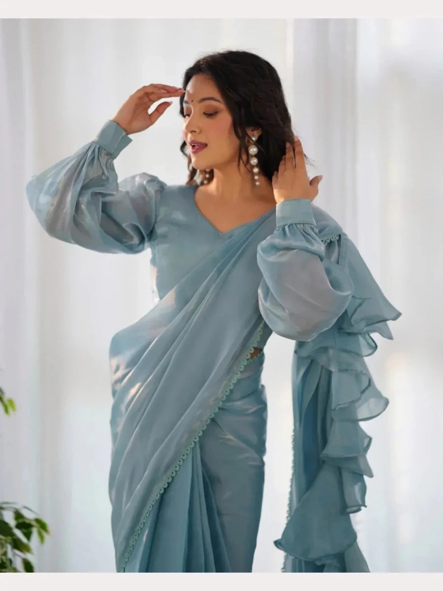 Nayoora Shimmer Ruffle Ready - to - Wear Jimmy Choo Ruffle Saree - Nayoora
