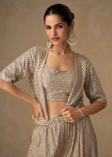Nayoora silver georgette indo-western set, cropped blouse with matching shrug and tiered skirt