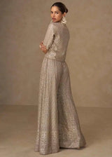 Nayoora silver palazzo set with long metallic skirt and three-quarter sleeve shrug