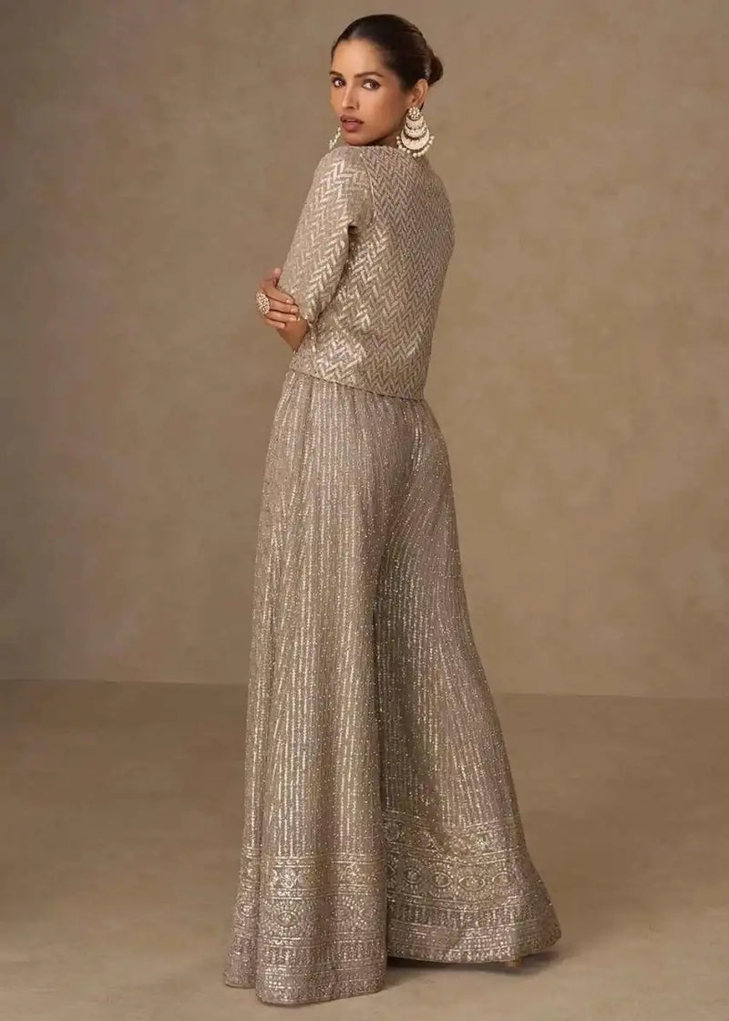 Nayoora silver palazzo set with long metallic skirt and three-quarter sleeve shrug