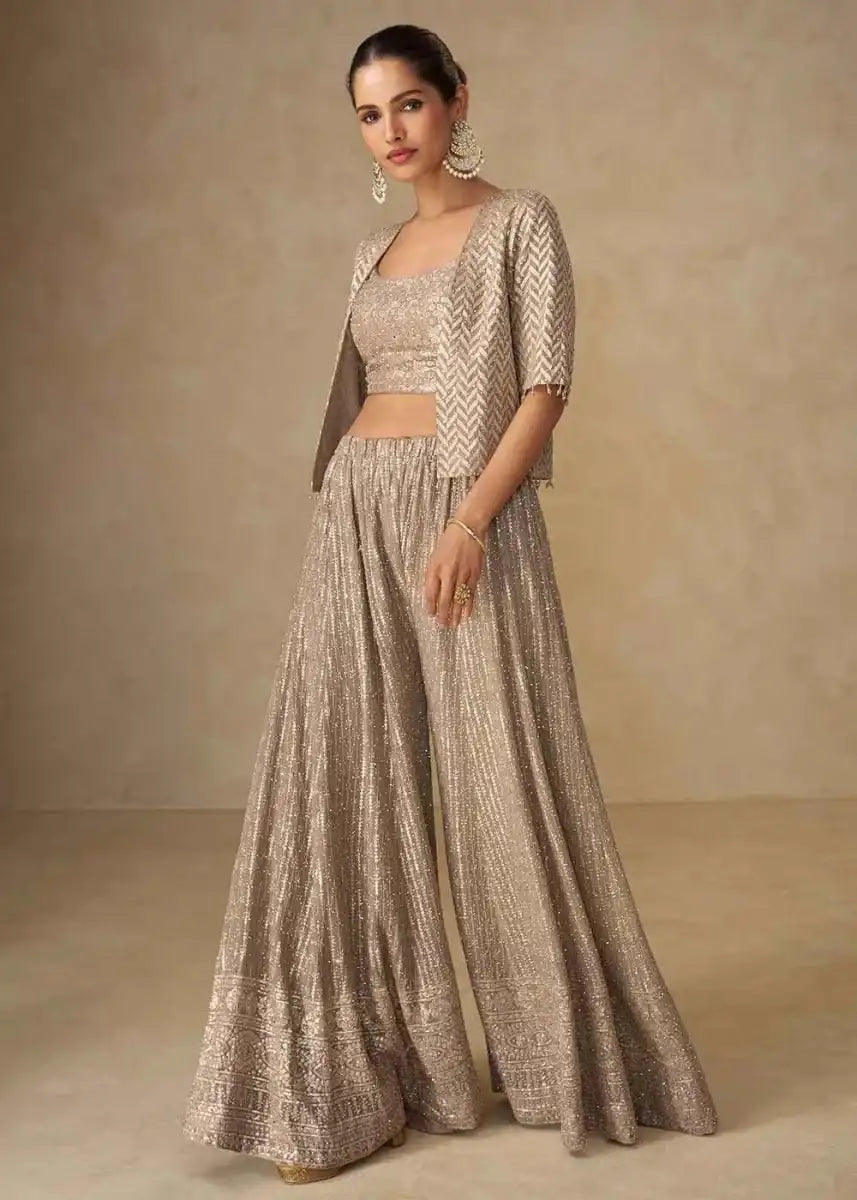 Metallic silver embroidered crop top with flared palazzo pants set