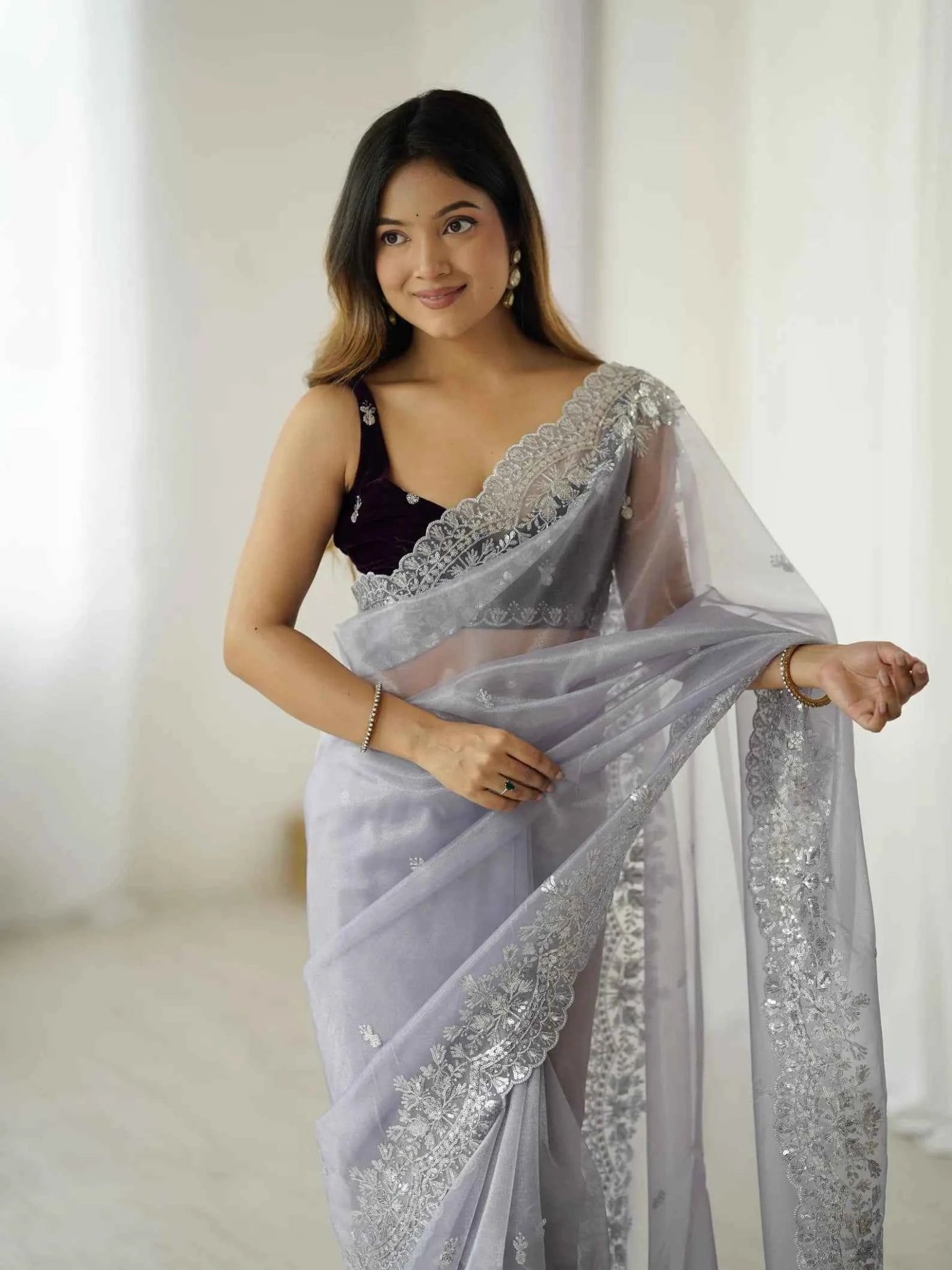 Nayoora Silver Twill - Net Embroidered Party Saree - Nayoora