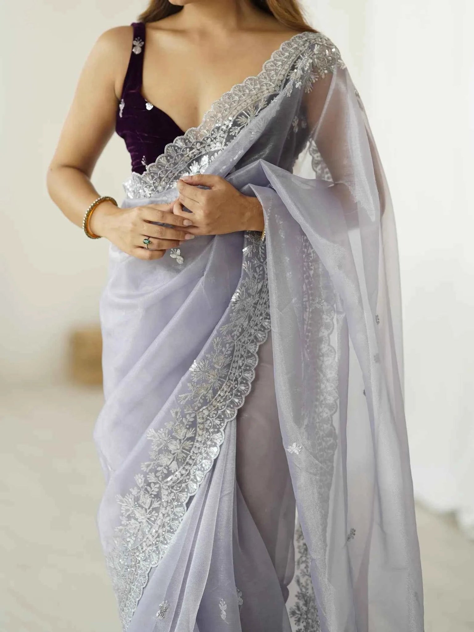 Nayoora Silver Twill - Net Embroidered Party Saree - Nayoora