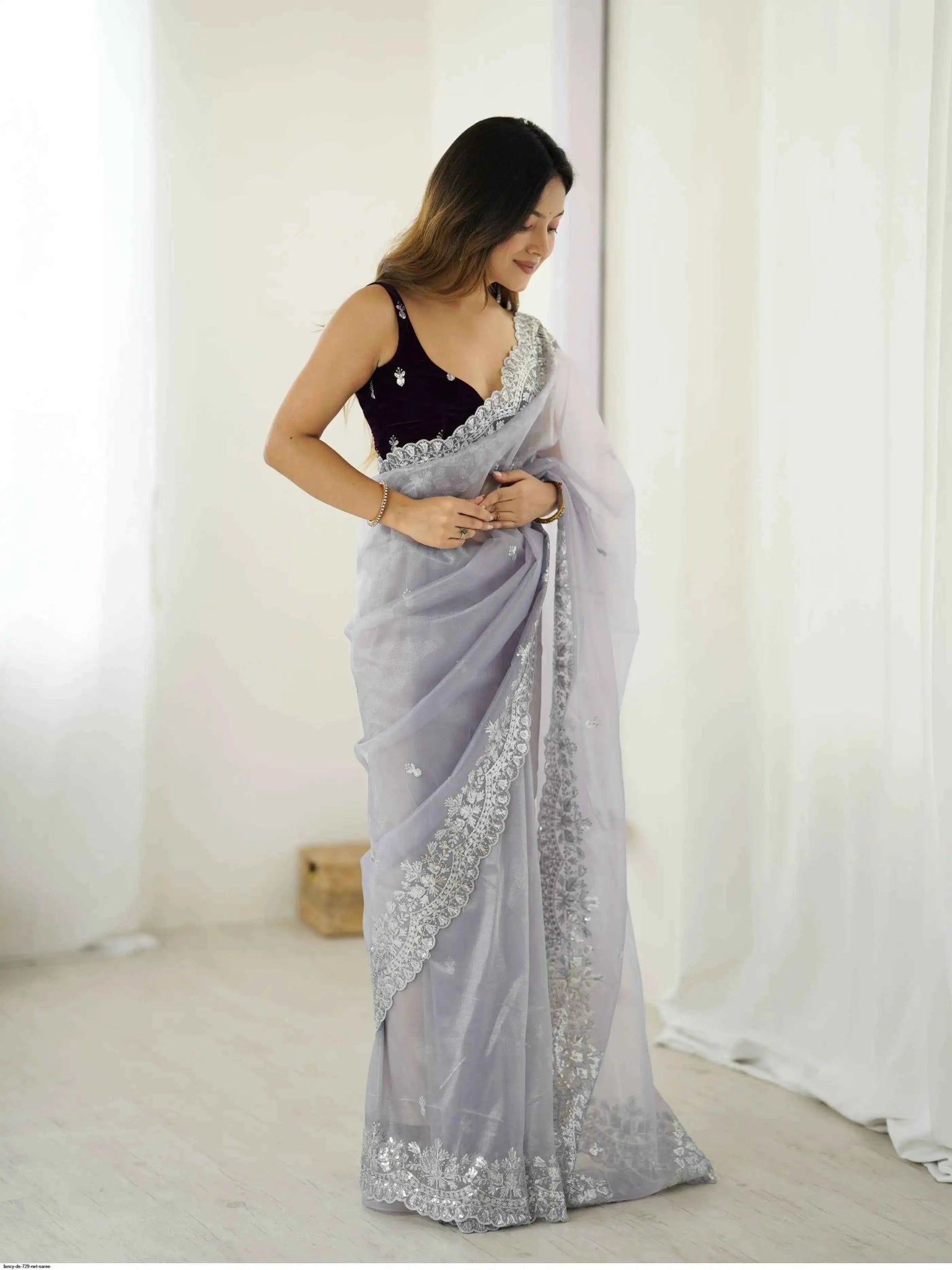 Nayoora Silver Twill Net Saree – Sequin Zari Work & Velvet Blouse - Nayoora