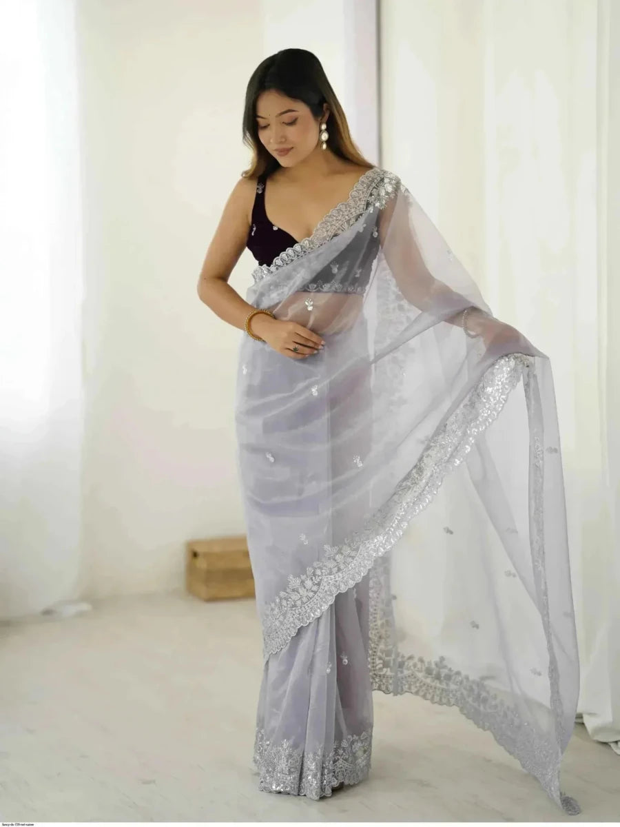 Nayoora Silver Twill Net Saree – Sequin Zari Work & Velvet Blouse - Nayoora