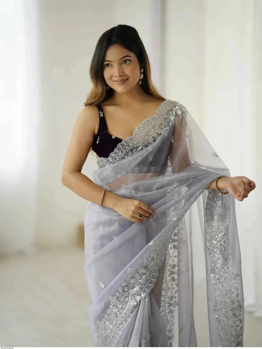 Nayoora Silver Twill Net Saree – Sequin Zari Work & Velvet Blouse - Nayoora