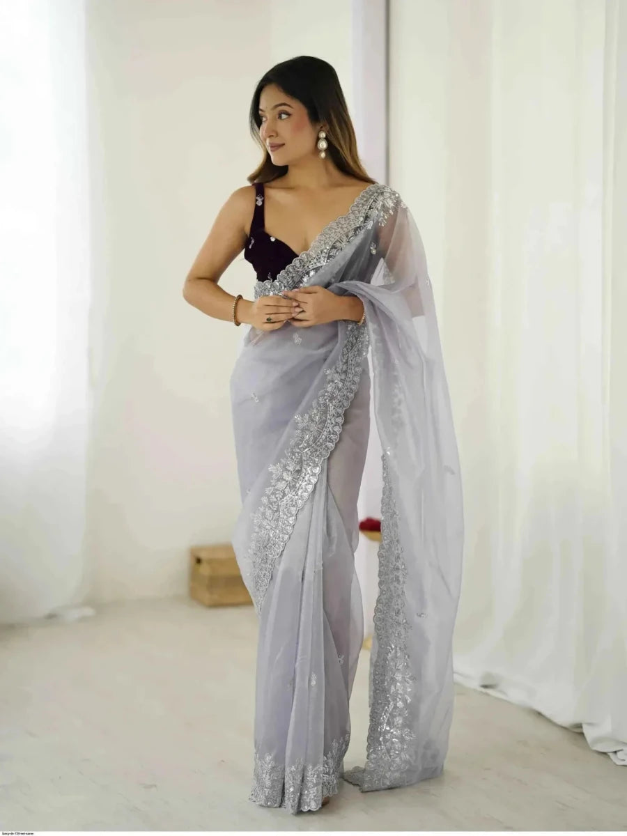 Nayoora Silver Twill Net Saree – Sequin Zari Work & Velvet Blouse - Nayoora